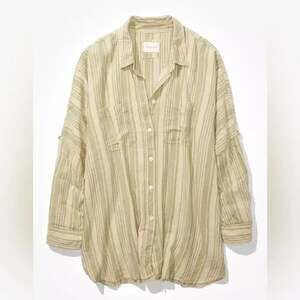 American Eagle Linen Blend Green Striped Button-Up Shirt Medium